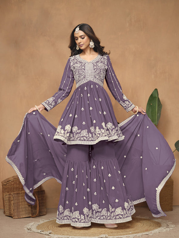 Voilet Faux Georgette Sharara Suit Acy8830